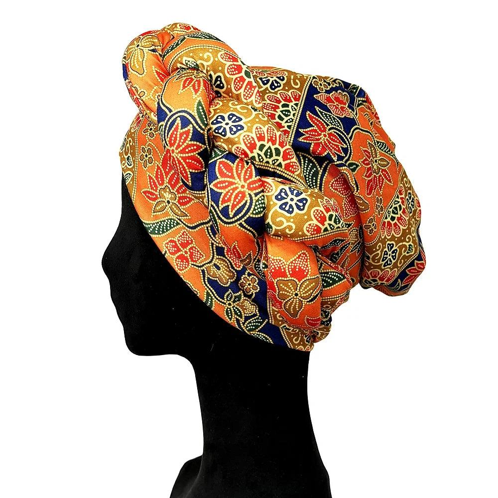 Color: Orange - African Headtie Bonnet Hat Turban for Women Muslim Head Wrap Nigerian Scarf Braid Hijab Femme Chemo Caps Cover