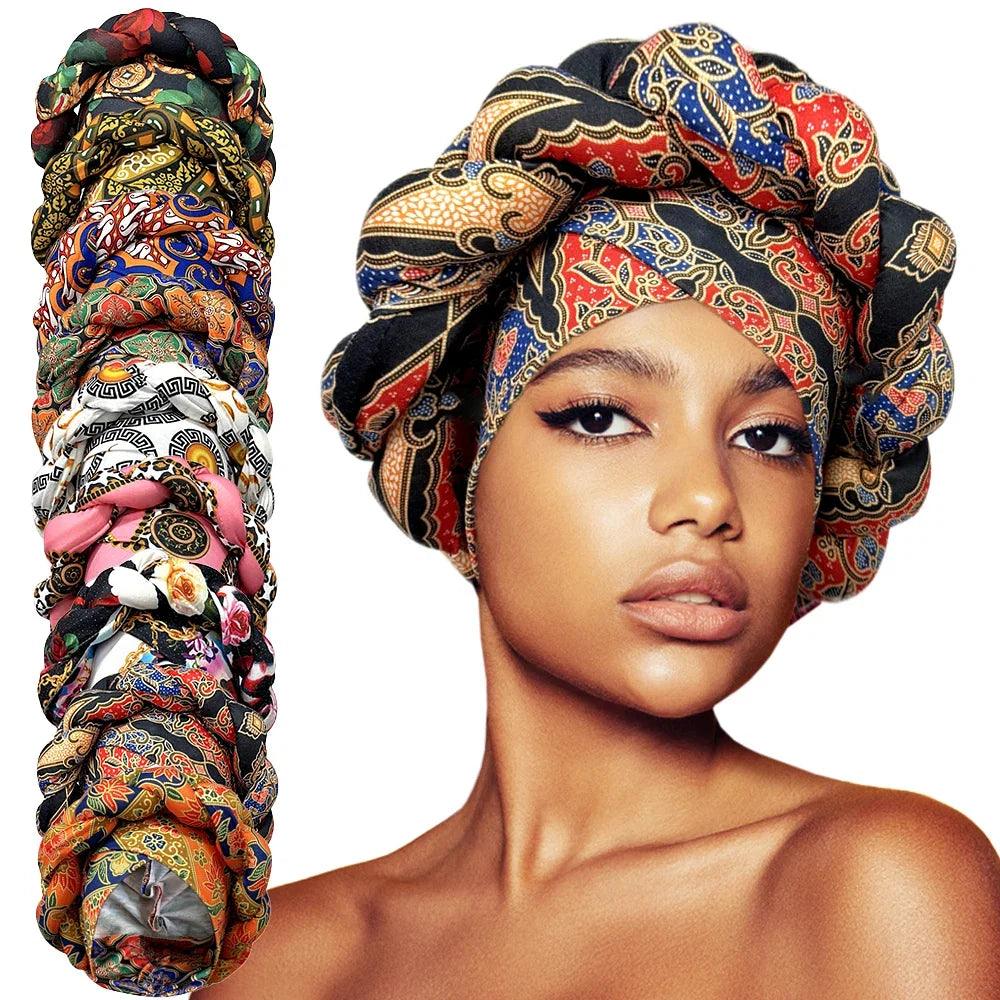 Color: Orange - African Headtie Bonnet Hat Turban for Women Muslim Head Wrap Nigerian Scarf Braid Hijab Femme Chemo Caps Cover