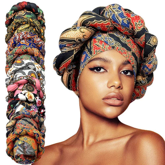Color: Orange - African Headtie Bonnet Hat Turban for Women Muslim Head Wrap Nigerian Scarf Braid Hijab Femme Chemo Caps Cover