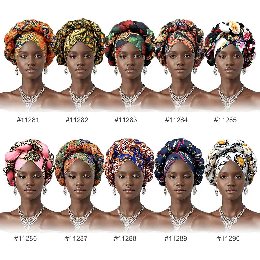 Color: Orange - African Headtie Bonnet Hat Turban for Women Muslim Head Wrap Nigerian Scarf Braid Hijab Femme Chemo Caps Cover