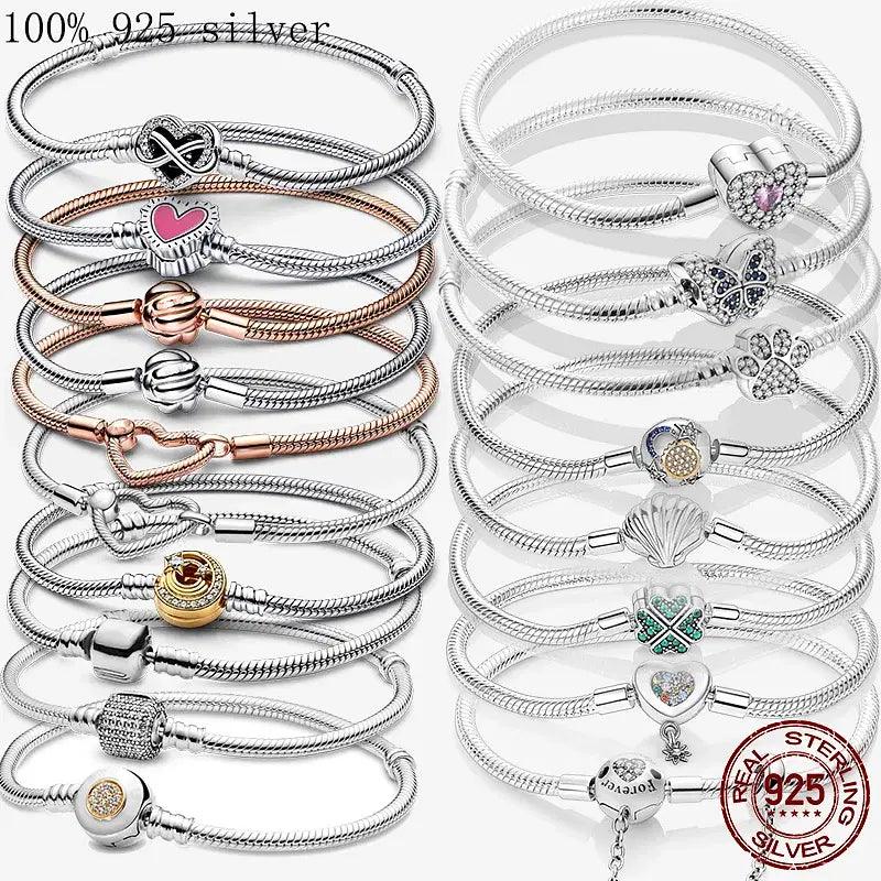 Gem Color: Chocolate Color, Length: 18cm - 925 Silver Heart Snake Chain Bracelet For Women Infinite Knot Butterfly Infinity Clasp Femme Bracelet Bangles Jewelry Gift