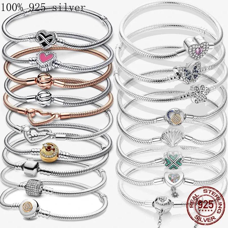 Gem Color: Fluorescent Green, Length: 17cm - 925 Silver Heart Snake Chain Bracelet For Women Infinite Knot Butterfly Infinity Clasp Femme Bracelet Bangles Jewelry Gift