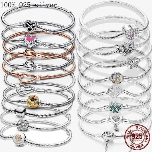 Gem Color: Fluorescent Green, Length: 17cm - 925 Silver Heart Snake Chain Bracelet For Women Infinite Knot Butterfly Infinity Clasp Femme Bracelet Bangles Jewelry Gift