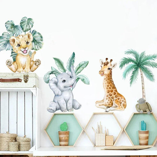 Color: Green - Cute African Animals Elephant Giraffe Leaves Wall Stickers Nursery Watercolor Vinyl Wall Decal Children Kids Baby Room Decor