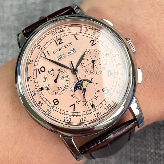Color: Brown - Corgeut 42mm Automatic Men's Watch Date Day Month Year Rose Gold Dial Multifunction 316L Leather Strap Polished Case Day Night
