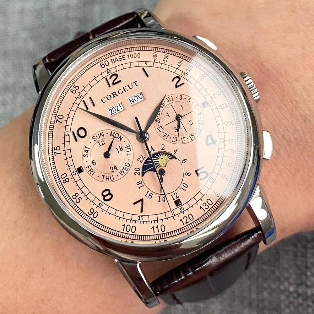 Color: Blue - Corgeut 42mm Automatic Men's Watch Date Day Month Year Rose Gold Dial Multifunction 316L Leather Strap Polished Case Day Night