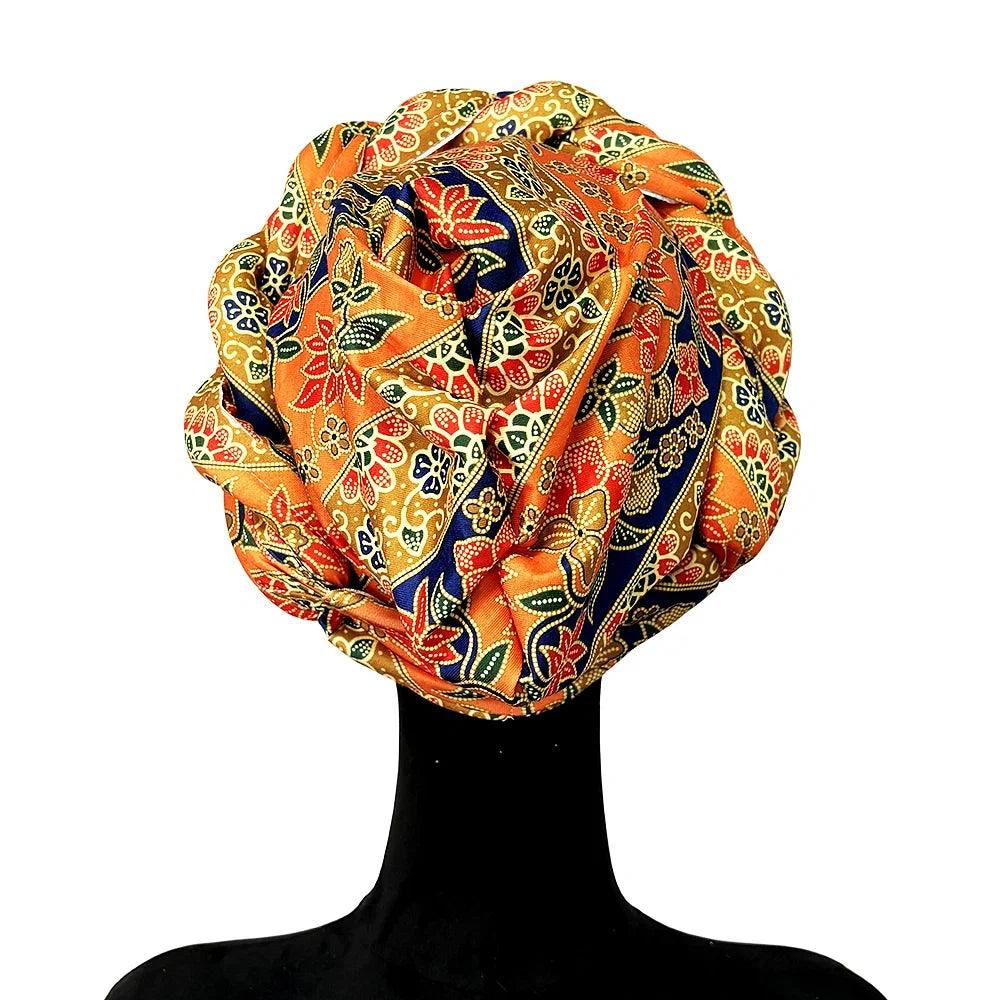 Color: Orange - African Headtie Bonnet Hat Turban for Women Muslim Head Wrap Nigerian Scarf Braid Hijab Femme Chemo Caps Cover