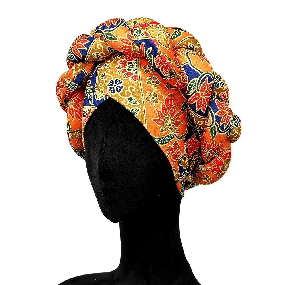 Color: Orange - African Headtie Bonnet Hat Turban for Women Muslim Head Wrap Nigerian Scarf Braid Hijab Femme Chemo Caps Cover