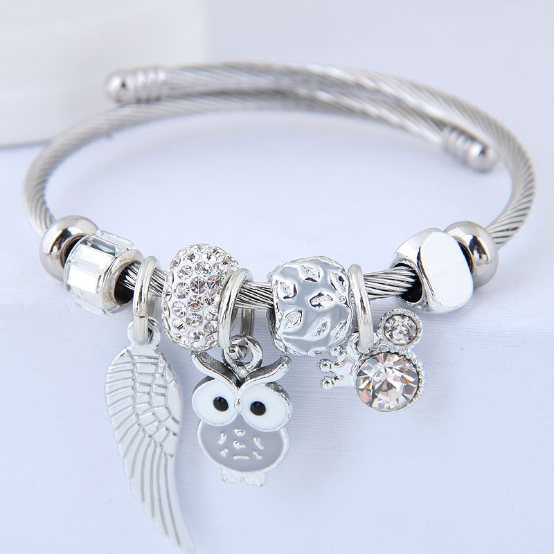 DIY Beaded Owl Bracelet with Angel Wings Pendant in Stainless Steel