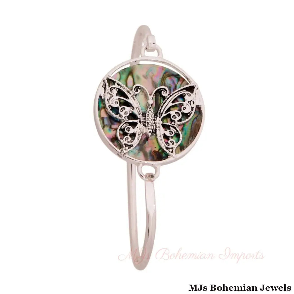 Abalone Butterfly Silver Bangle