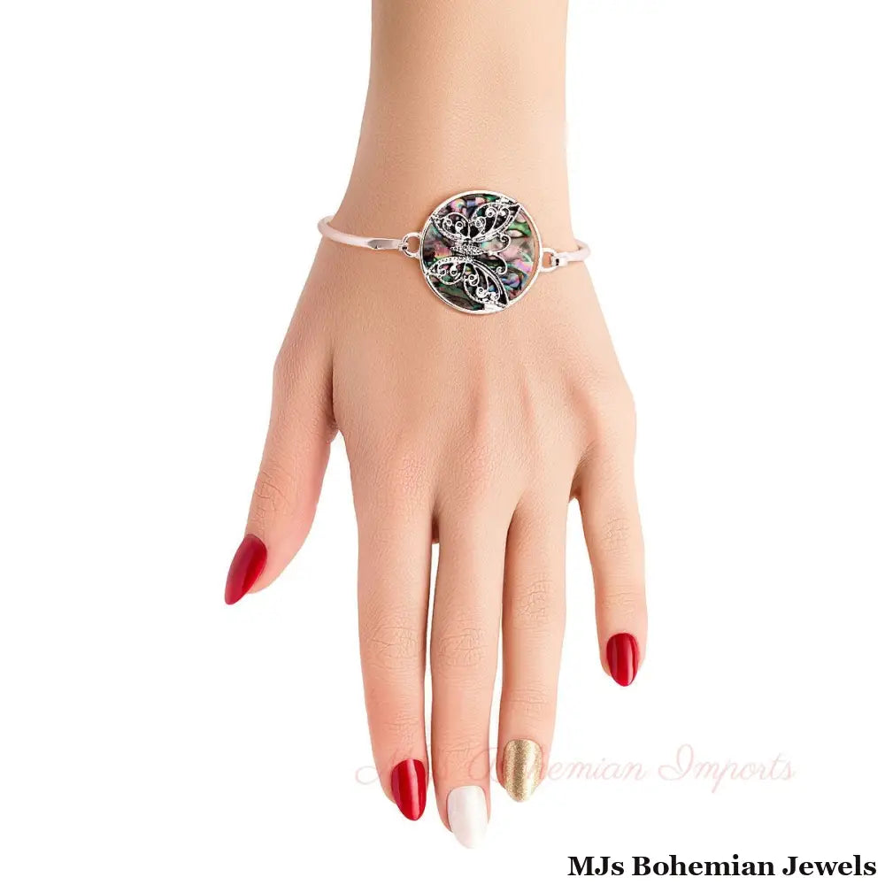 Abalone Butterfly Silver Bangle
