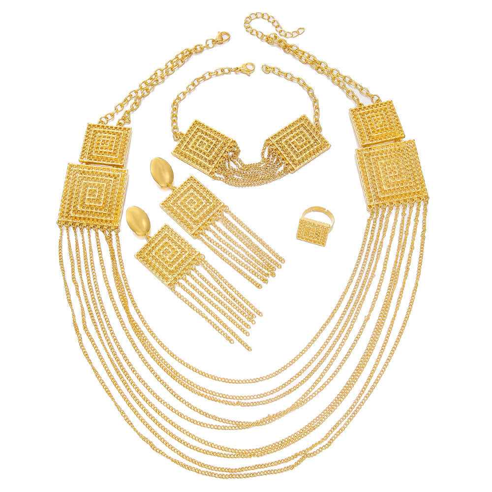 18K Gold-Plated 5-Piece Multi-Layer Tassel Jewelry Set for Weddings