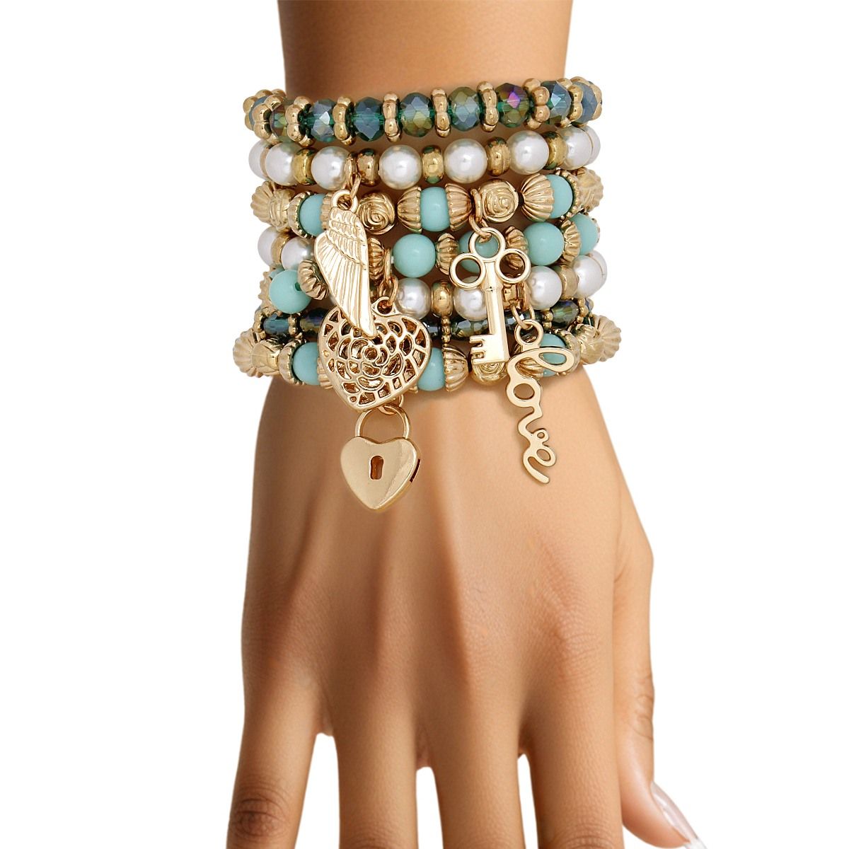 Love Charm Pearl Turquoise Bead Bracelet Set
