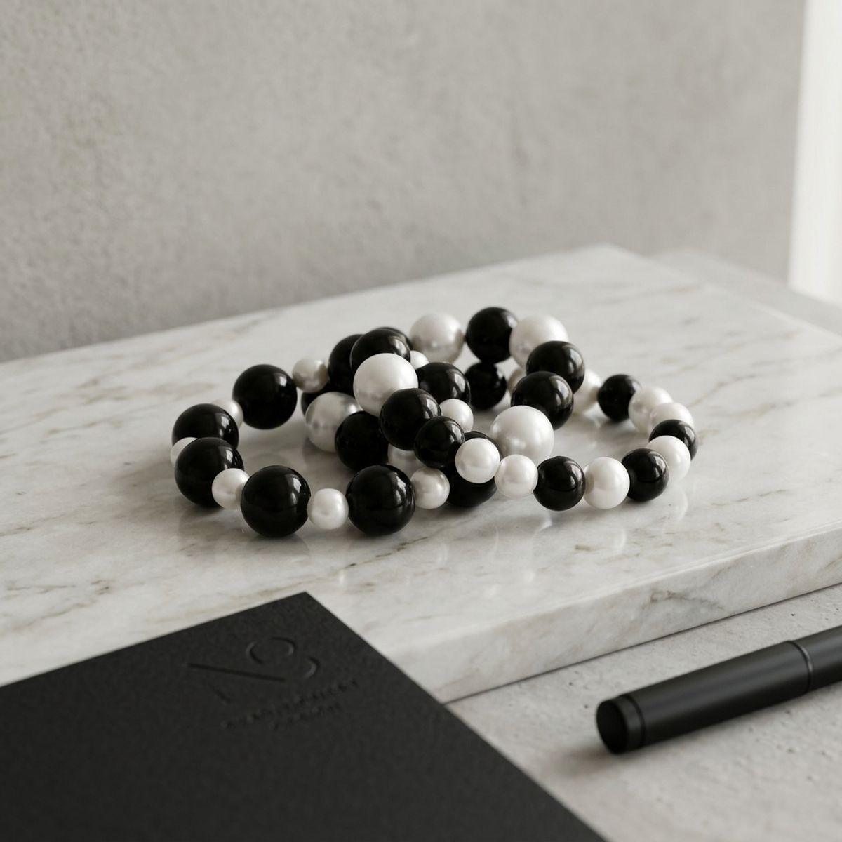 Black Bead White Pearl Bracelet Stretch 3 Strand