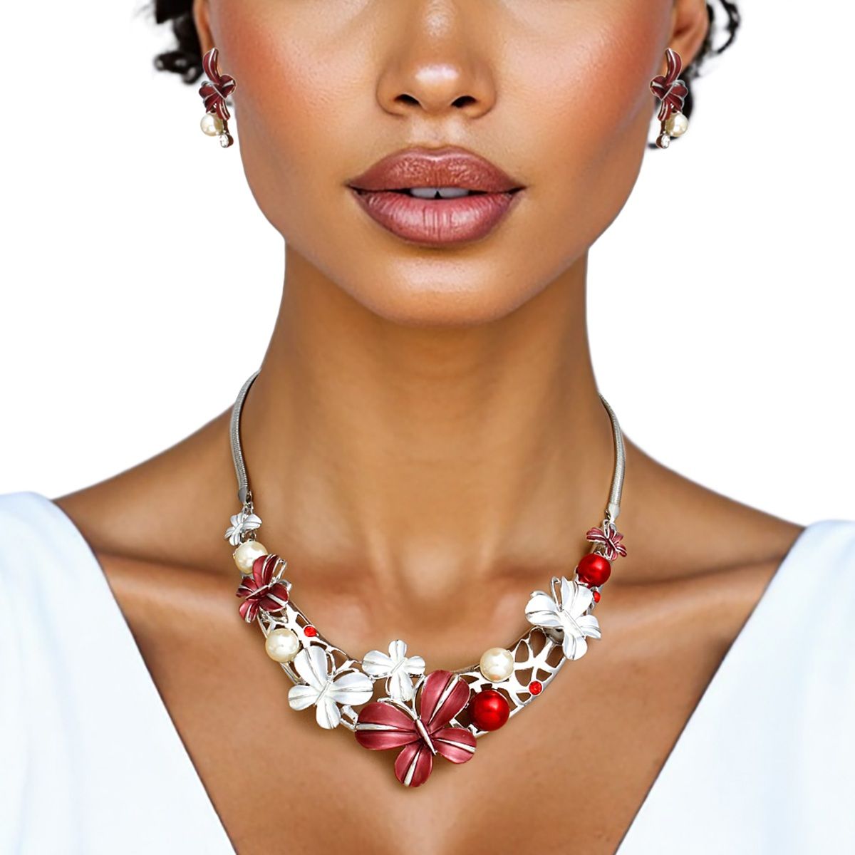 Collar Refined Red White Butterfly DST Necklace