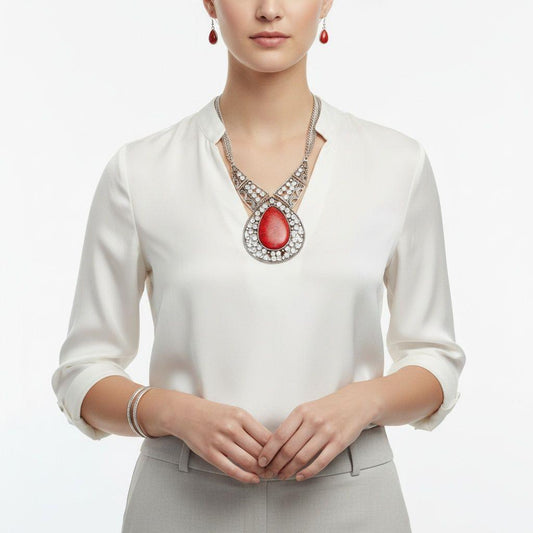Pendant XL Red Cracked Teardrop Tribal Necklace