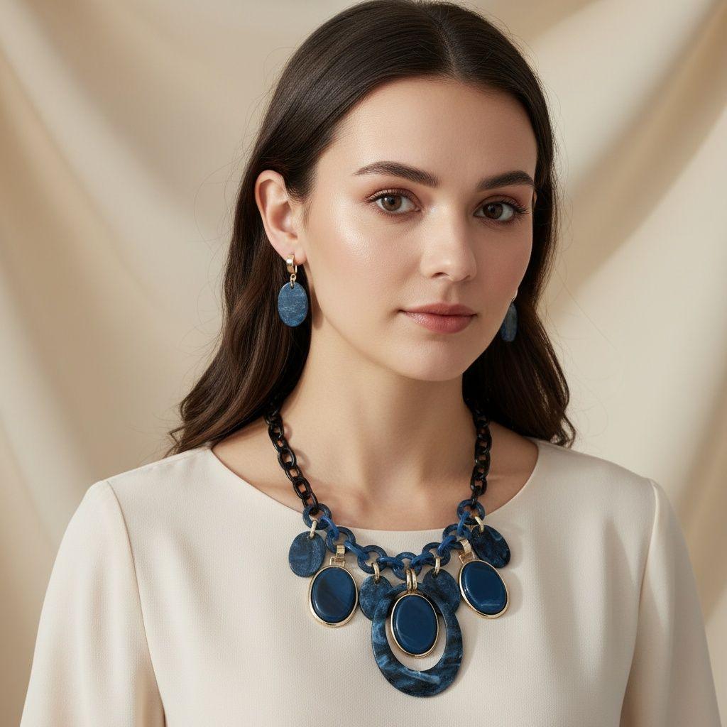 Necklace Blue Glitter Oval Swirled Set for Women
