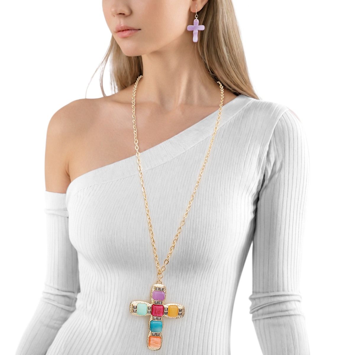 Pendant Multicolor Cross Long Gold Chain Necklace
