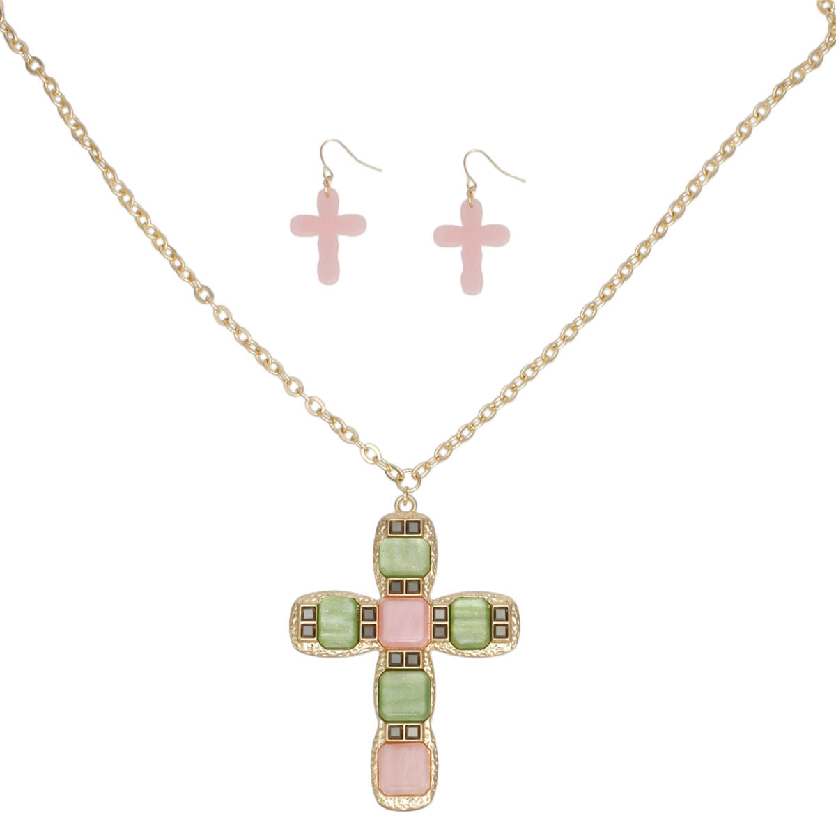 AKA Pendant Pink Green Cross Gold Chain Necklace