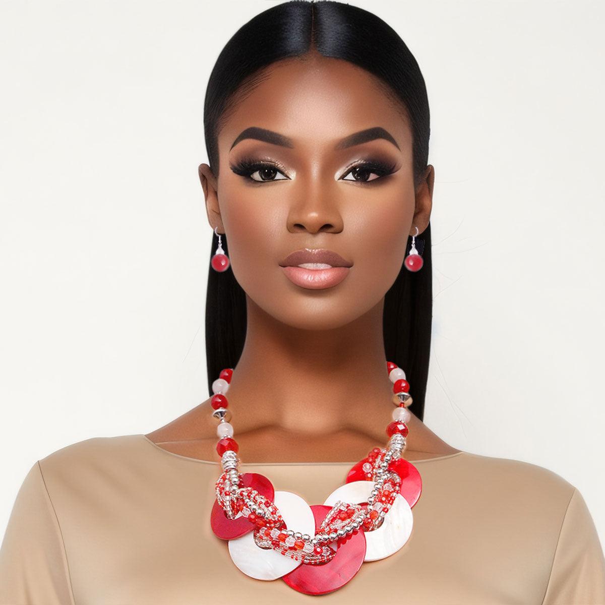Red White DST Beaded Shell Disc Necklace Set