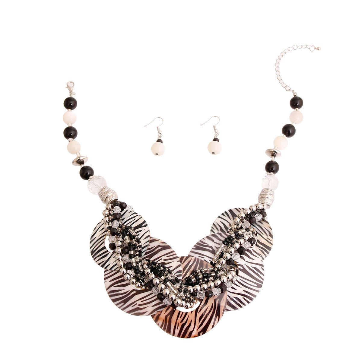 Zebra Print Shell Disc Beaded Necklace