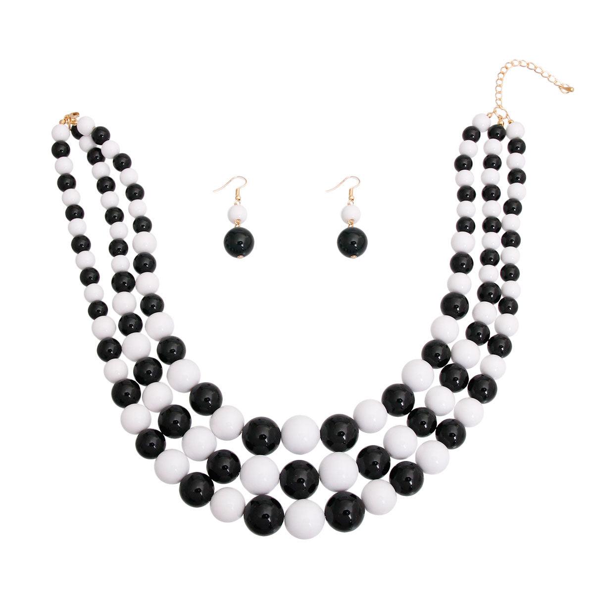 Black White Ball Bead Necklace Layered 3 Strand
