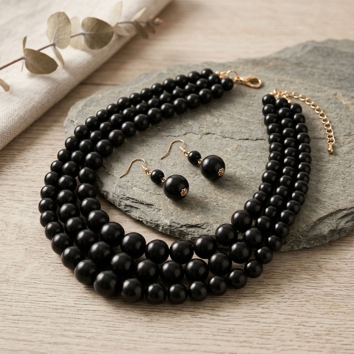Jet Black Ball Bead Necklace Layered 3 Strand