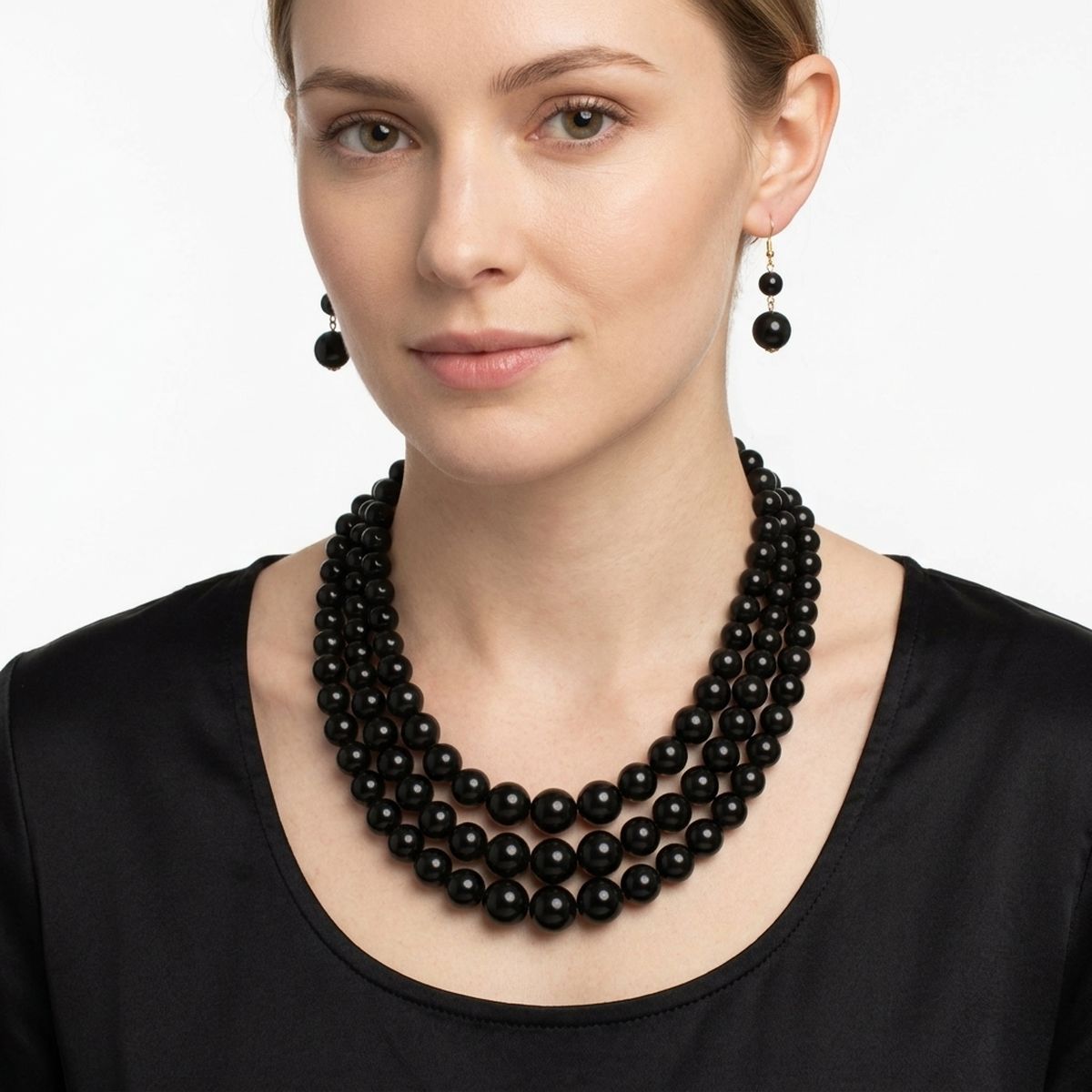 Jet Black Ball Bead Necklace Layered 3 Strand