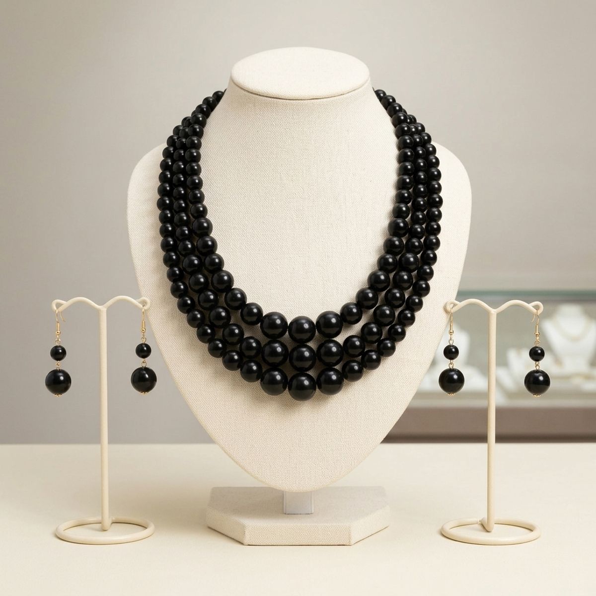 Jet Black Ball Bead Necklace Layered 3 Strand