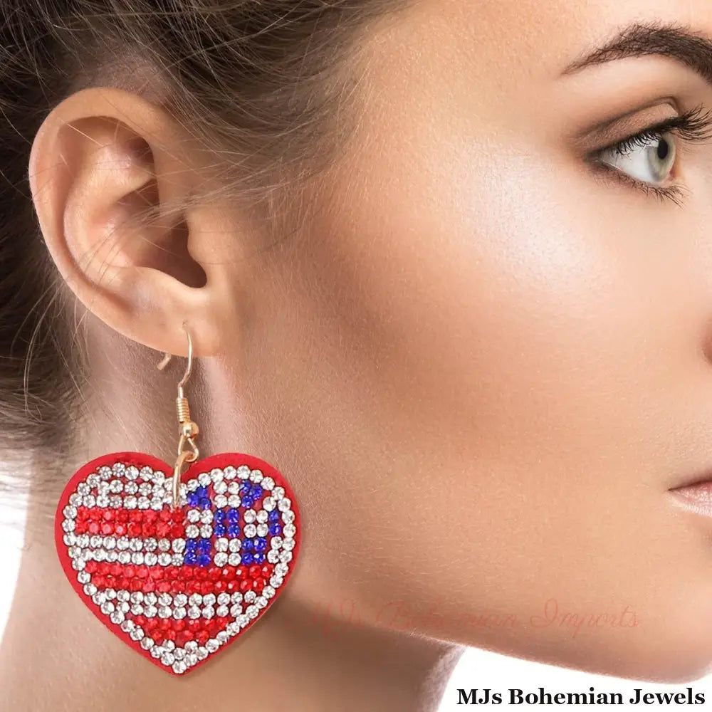 American Flag Rhinestone Heart Earrings