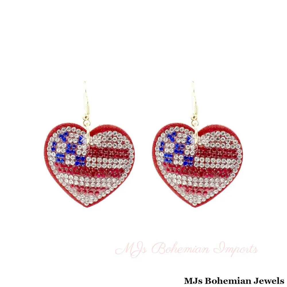 American Flag Rhinestone Heart Earrings