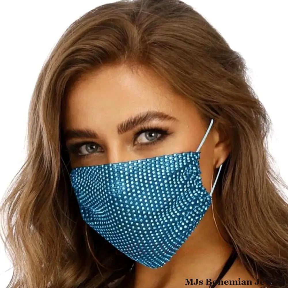 Aqua Rhinestone Mesh Fashion Mask