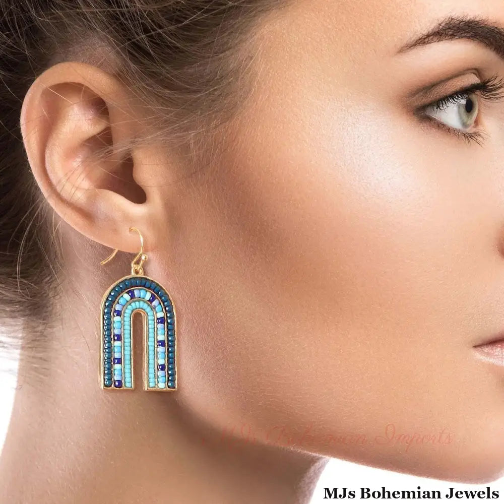 Arched Blue Bead Drop Earrings