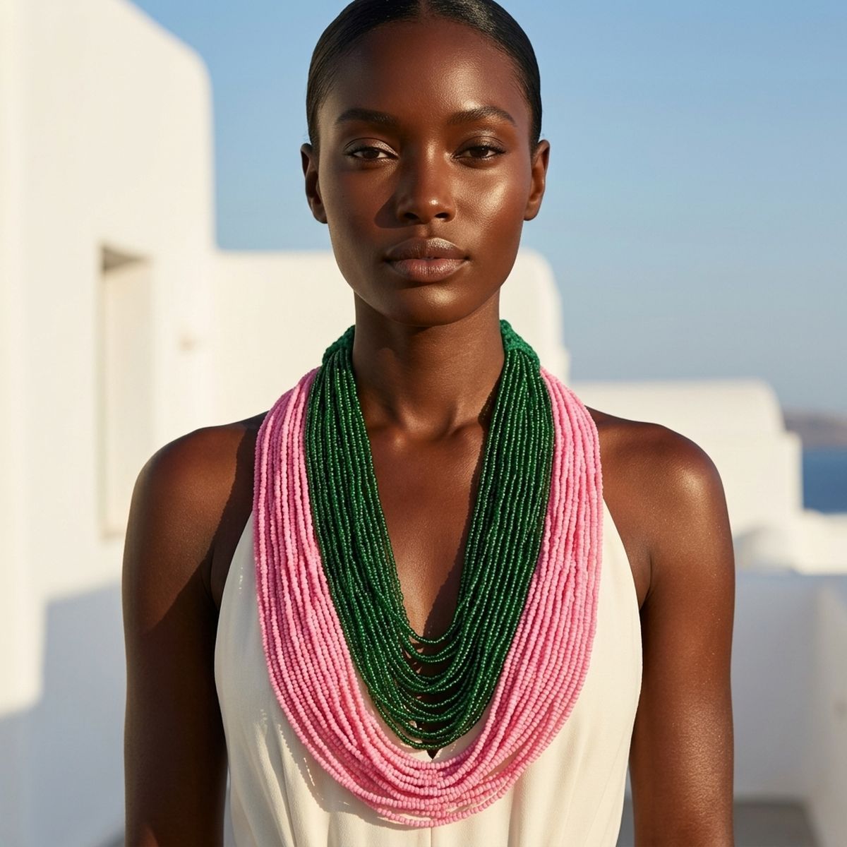 AKA Colorblock Pink Green 100 Strand Bead Necklace