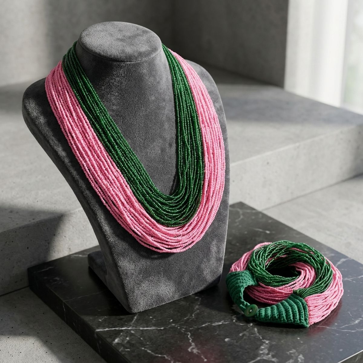 AKA Colorblock Pink Green 100 Strand Bead Necklace