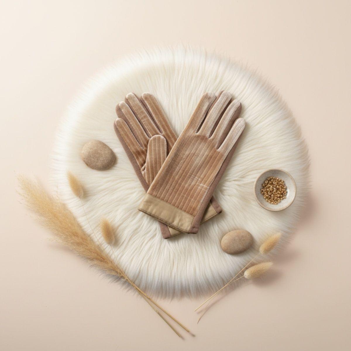 Beige Fur Stripe Leather Touchscreen Winter Gloves