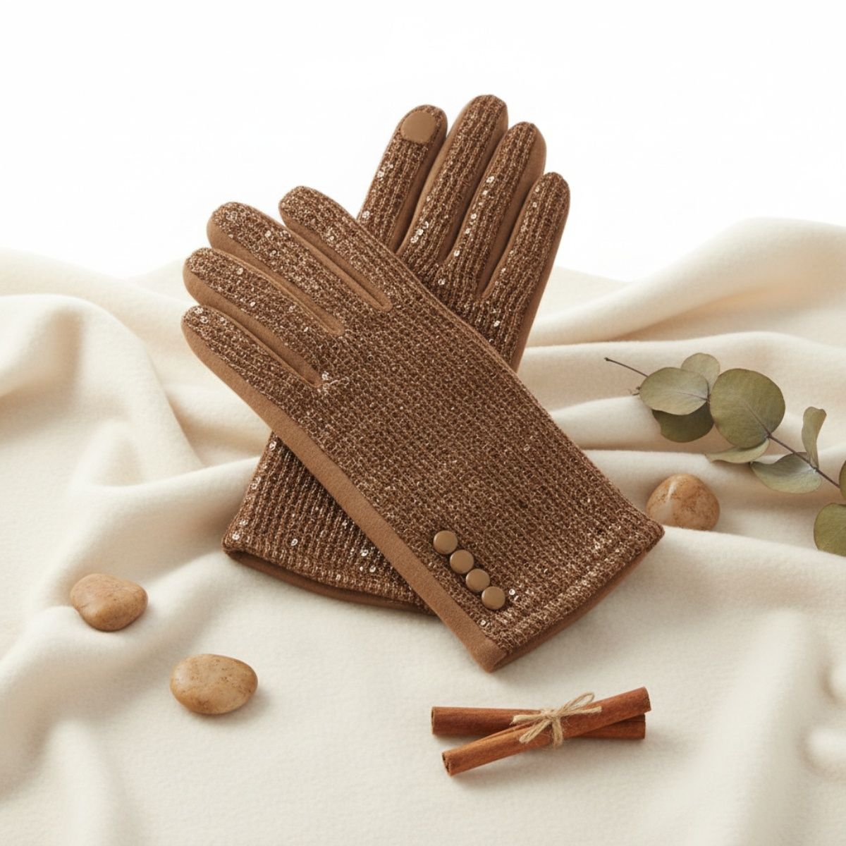 Taupe Knit Sequin Touchscreen Winter Gloves