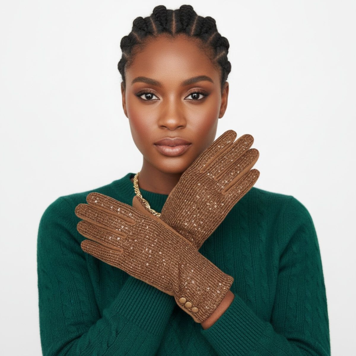 Taupe Knit Sequin Touchscreen Winter Gloves