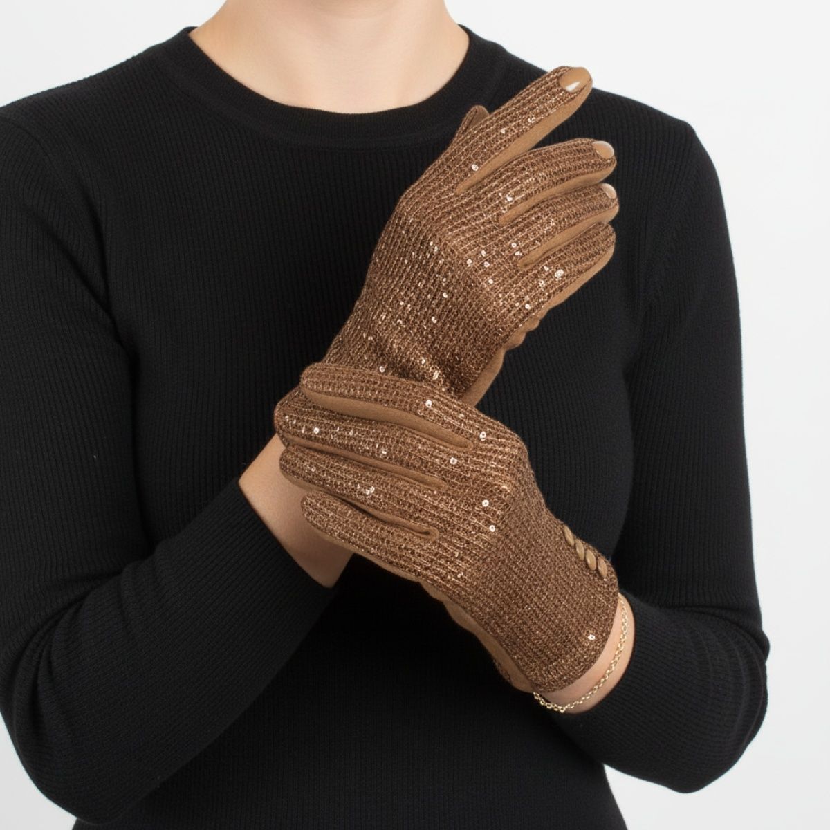 Taupe Knit Sequin Touchscreen Winter Gloves