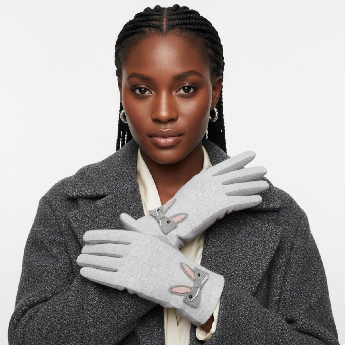 Gray Woolen Cute Rabbit Touchscreen Winter Gloves