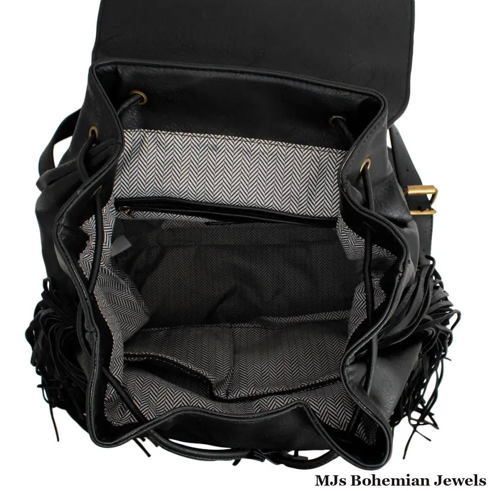 Backpack Black Leather Fringe Bag for Women