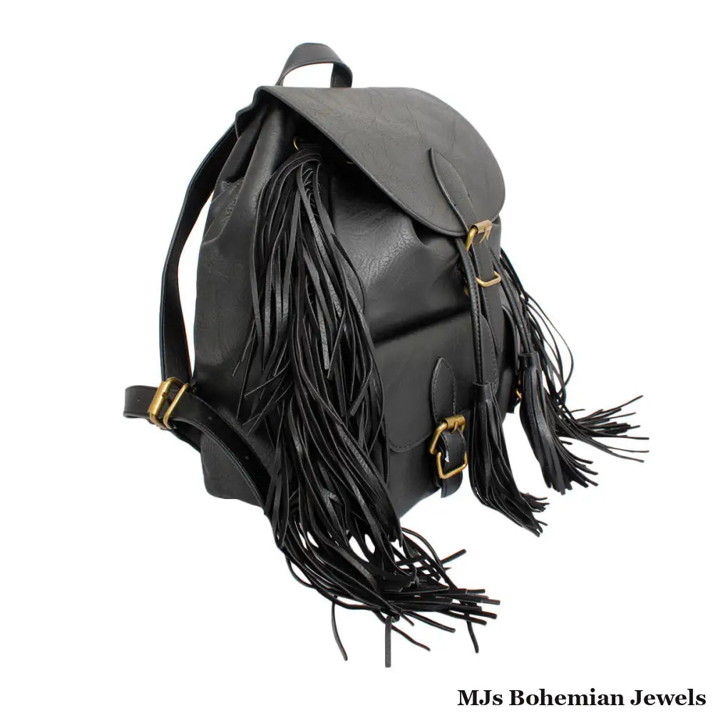 Backpack Black Leather Fringe Bag for Women