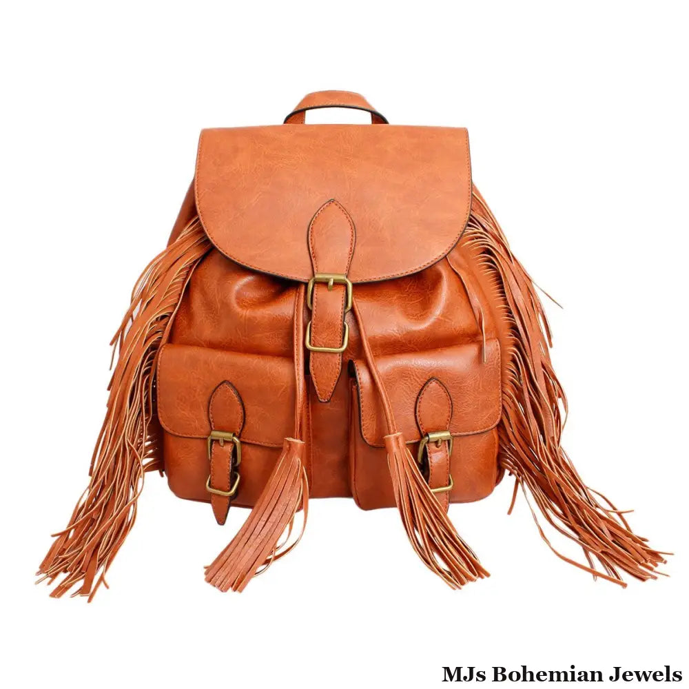 Backpack Brown Leather Fringe Bag for Women