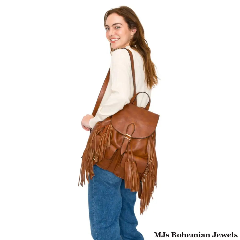 Backpack Brown Leather Fringe Bag for Women