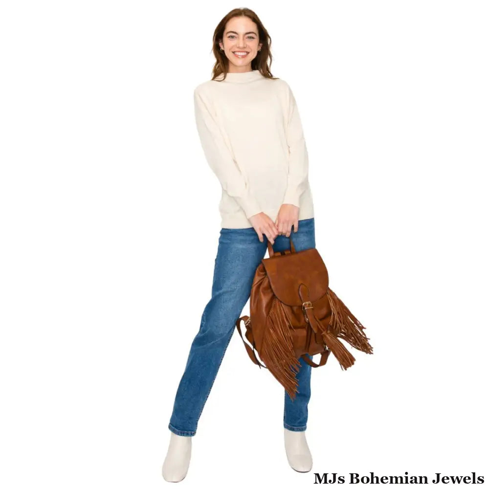 Backpack Brown Leather Fringe Bag for Women