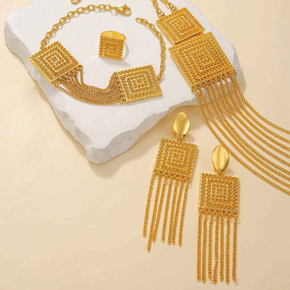 18K Gold-Plated 5-Piece Multi-Layer Tassel Jewelry Set for Weddings