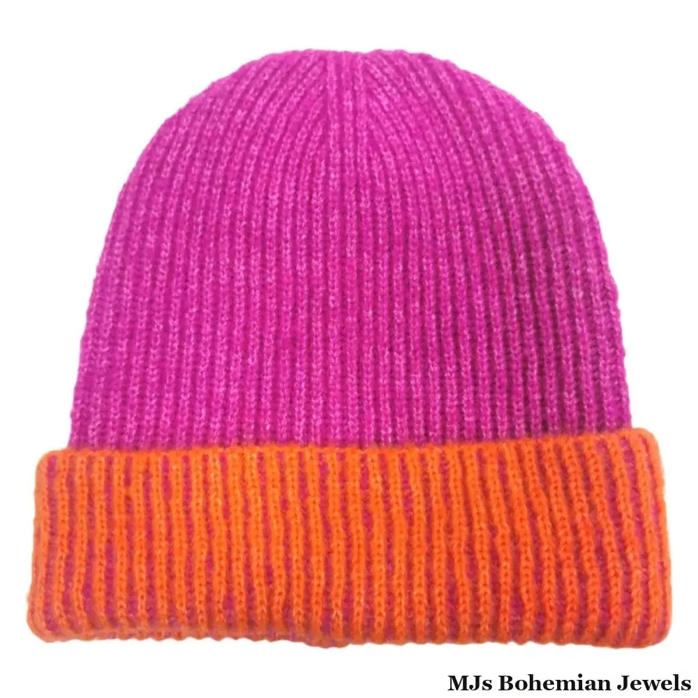 Beanie Fuchsia Two Tone Cuffed Hat for Women