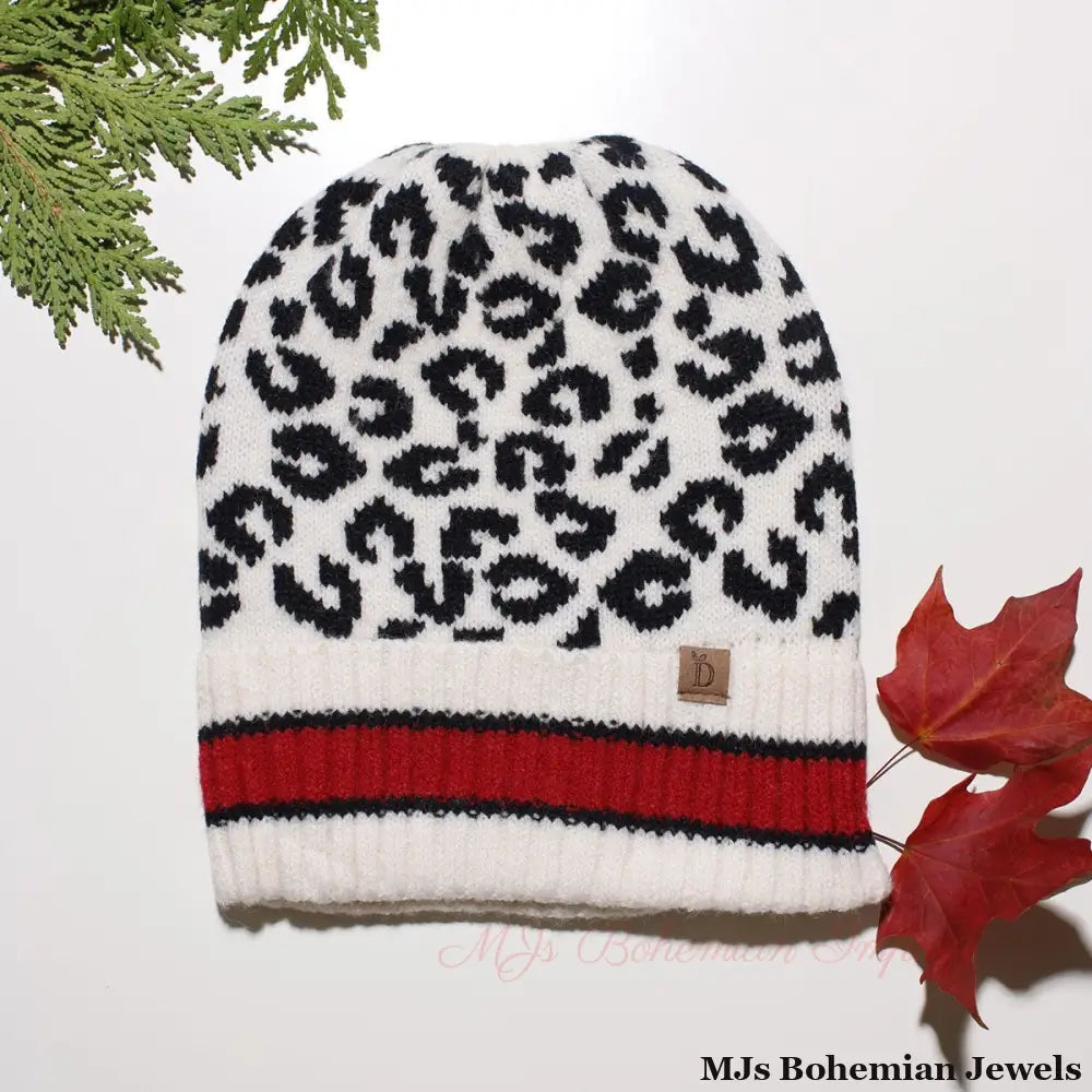 Beanie Hat Acrylic Ivory Leopard Hat for Women