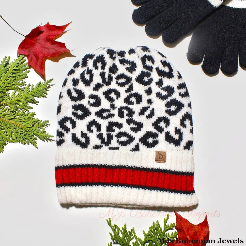 Beanie Hat Acrylic Ivory Leopard Hat for Women