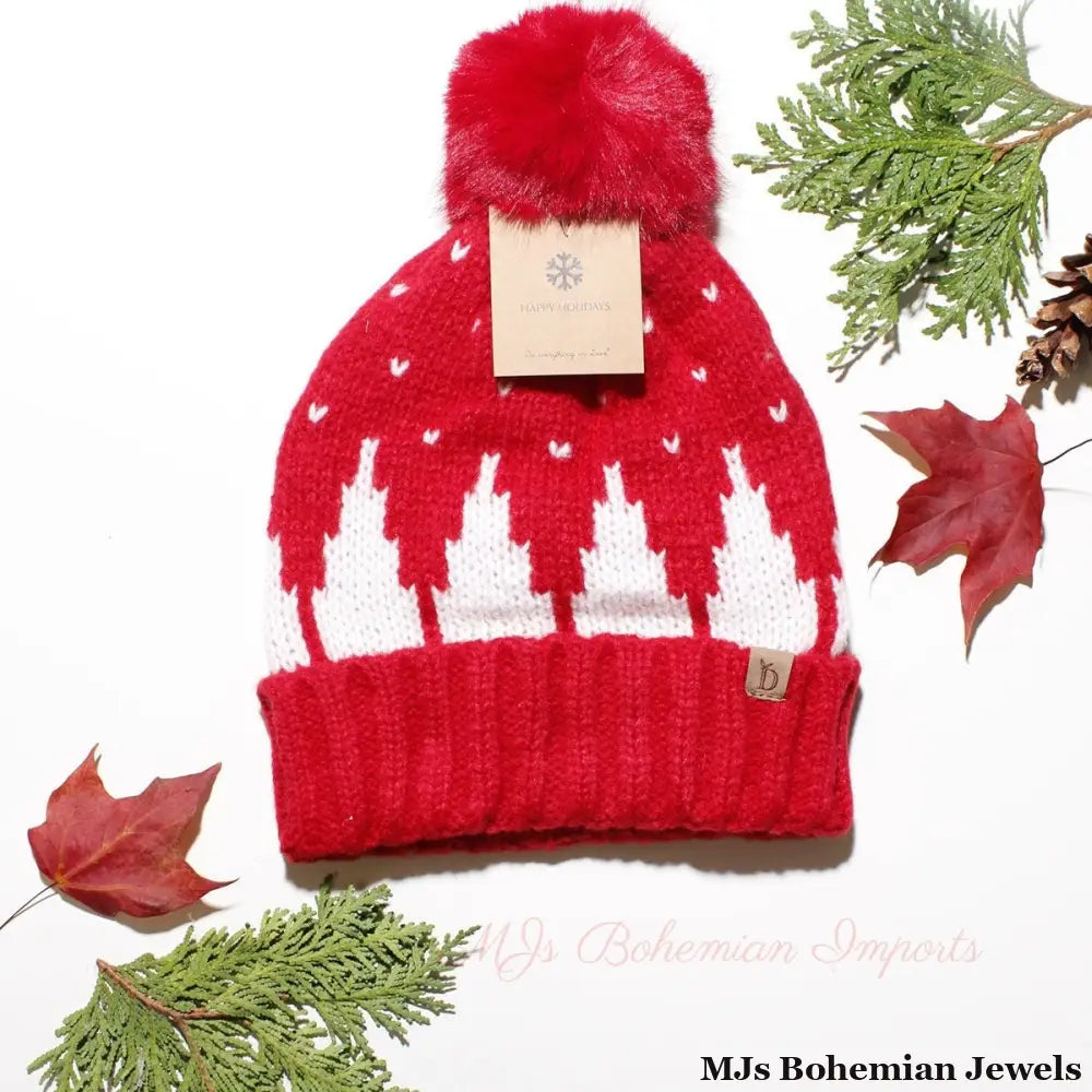 Beanie Hat Acrylic Red Snowing Pom Hat for Women